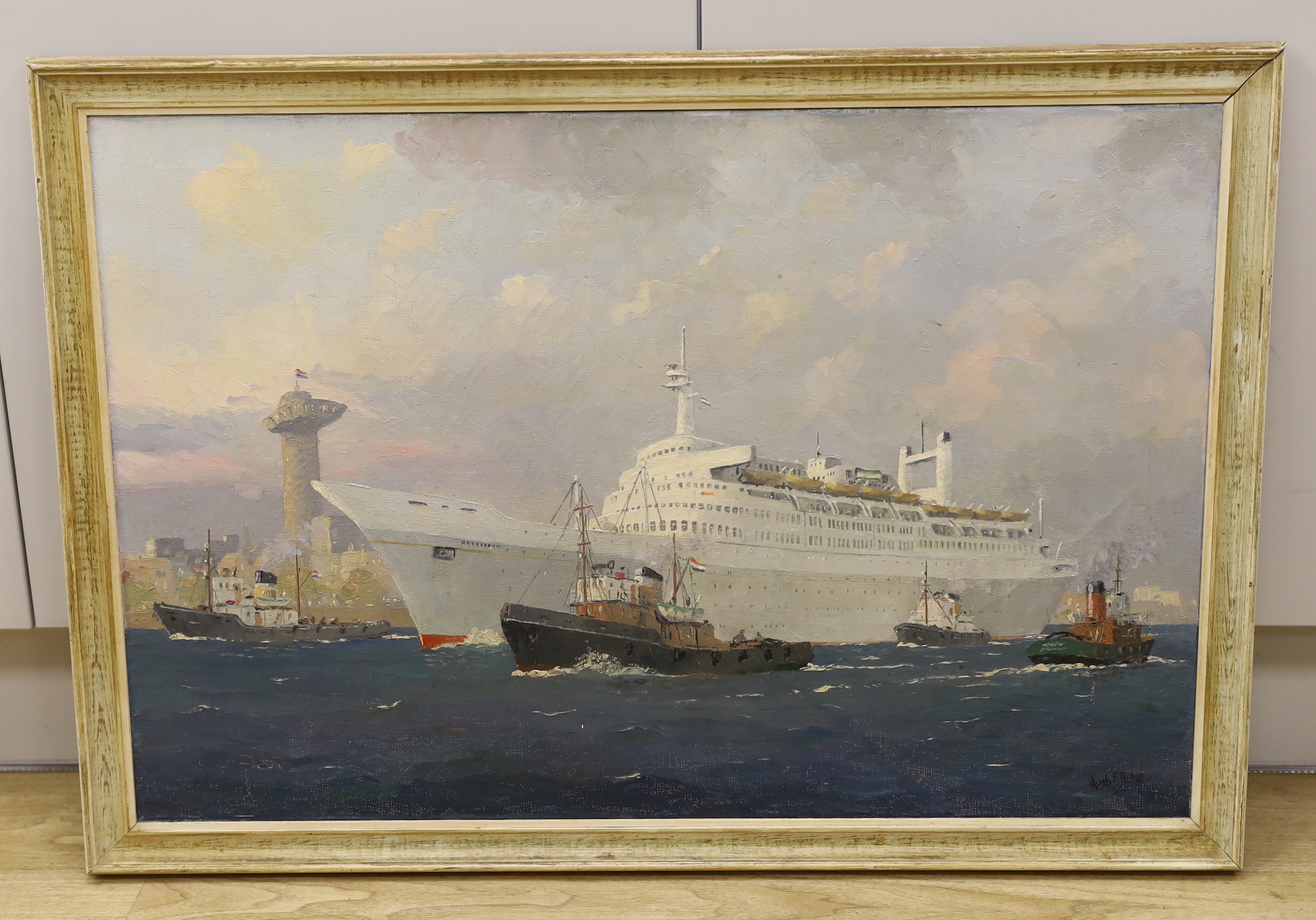 Hugh Ridge (1899-1976), oil on canvas, Shipping scene with cruise ship, signed, 50 x 75cm